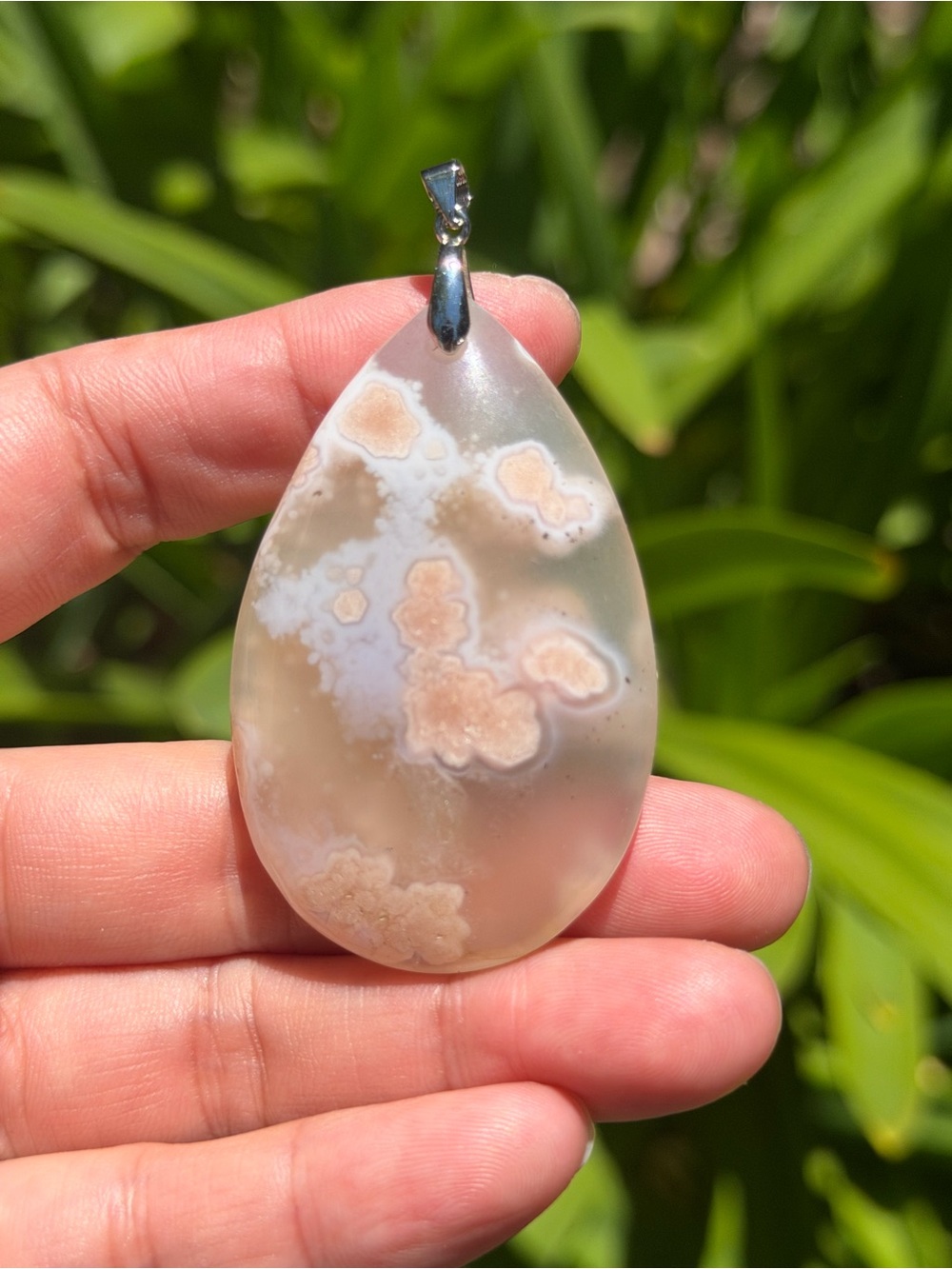 Sterling silver 925 stamped large pink flower agate pendant 1600
